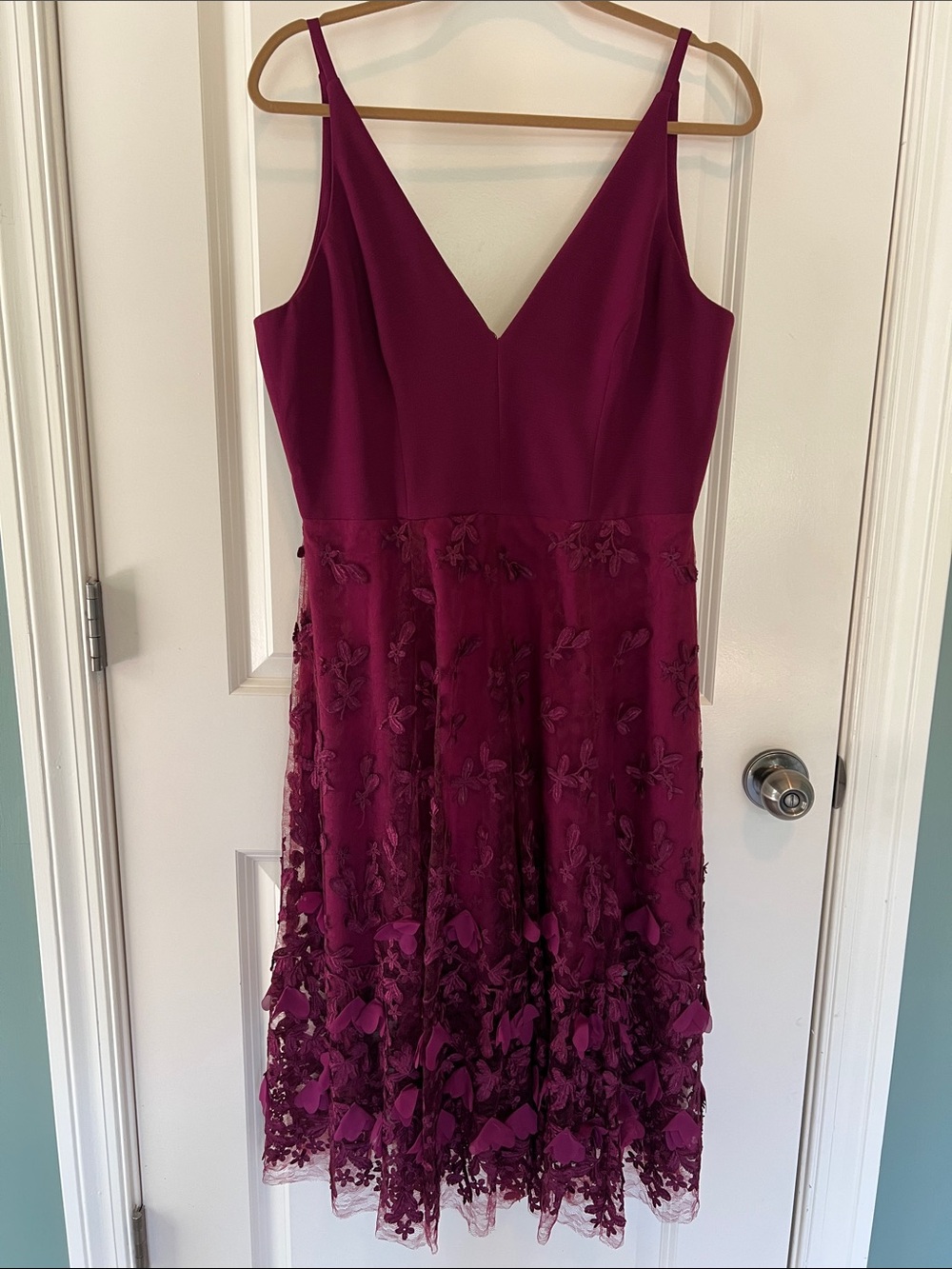 Dress the Population Magenta V-Neck Midi Dress with Floral Appliqué